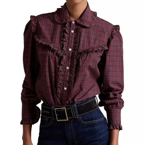 Polo Ralph Lauren Tops - Polo Ralph Lauren Ruffle Trim Plaid Long Sleeve Top Red NWT Size XS